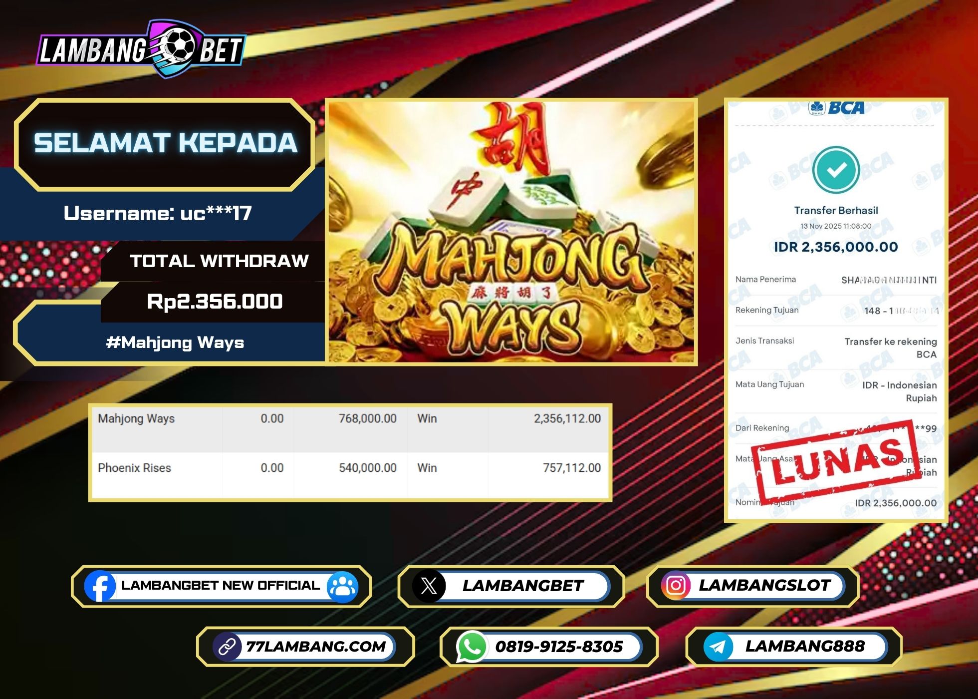 LAMBANGBET [14 NOVEMBER 2025] JACKPOT SLOT Mahjong Ways "Rp2.356.000" LUNAS